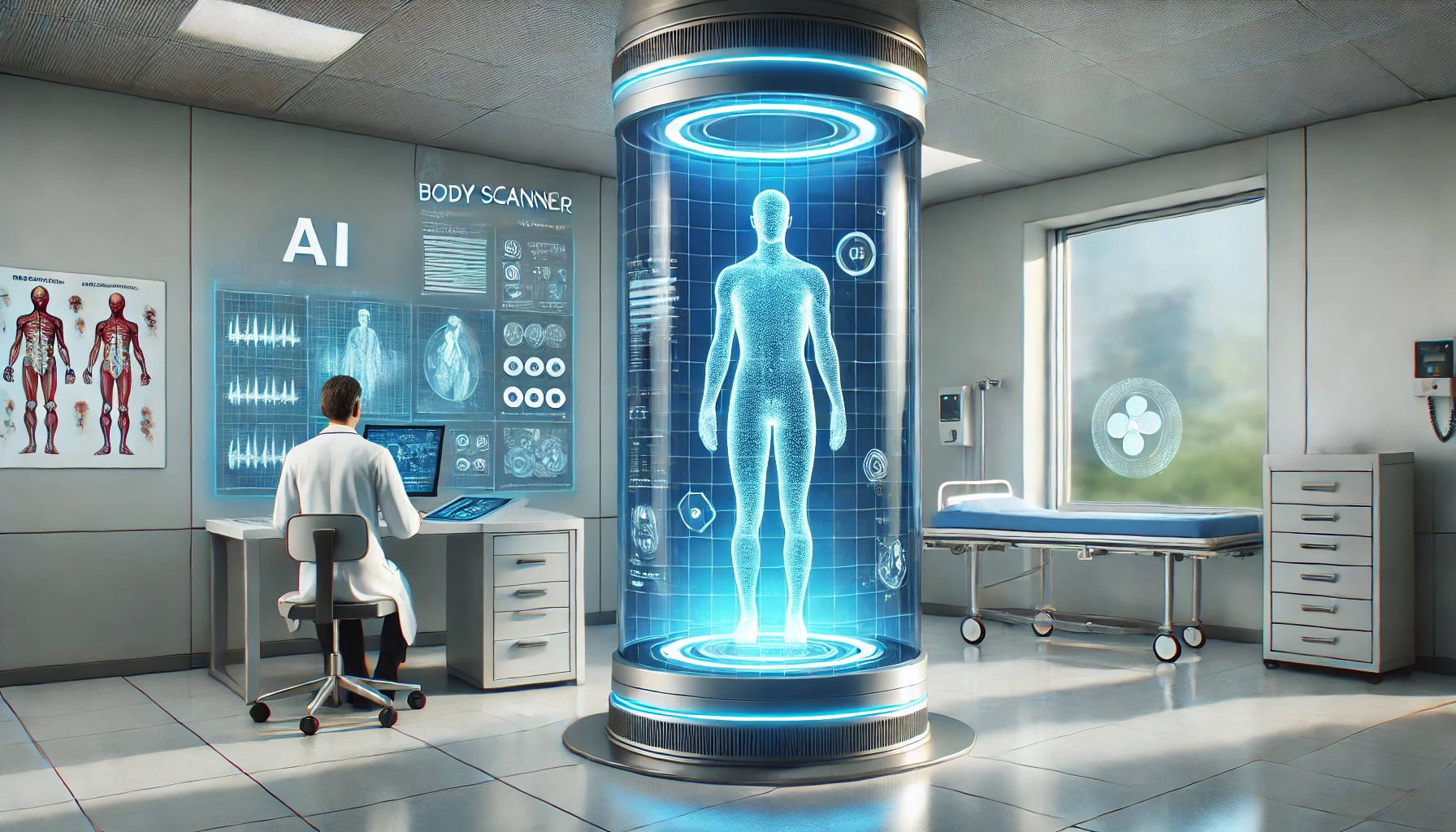 Shows a human using an AI powered body scanner